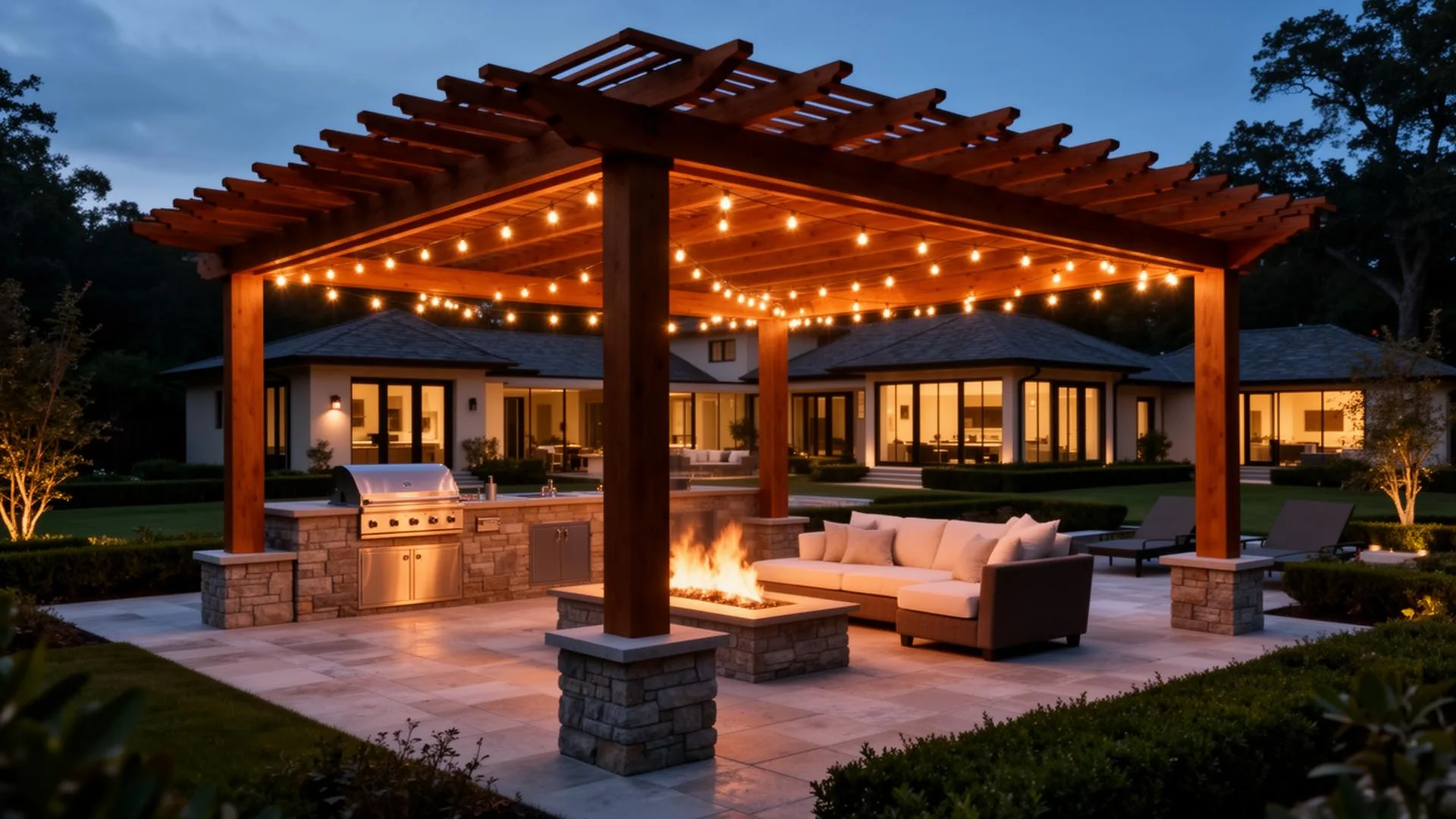 Luxury outdoor living space at twilight